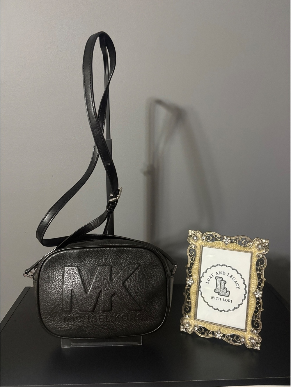 Michael Kors Jet Set Debossed MK Logo Oval Camera Crossbody Bag Black Leather